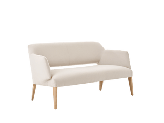 Mobitec Lena R0625 sofa in ecru fabric with wooden legs, front three-quarter view
