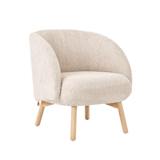 Mobitec Thalia R0118 armchair in ecru bouclé with wooden legs, front three-quarter view