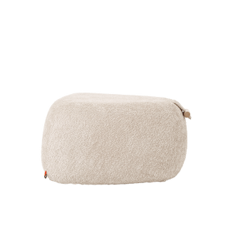 Mobitec Thalia R0710 pouf in ecru bouclé with leather handle, front three-quarter view