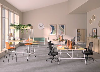 Lifestyle image of a Buronomic Alto 176 cm cabinet in white and wire oak in an open office