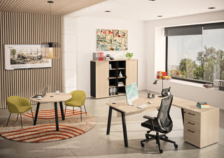 Lifestyle image of a Buronomic Alto 146 cm hinged door cabinet in black and wire oak in a bright office