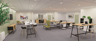 Lifestyle image of Buronomic Alto cabinets in black and Nebraska by high tables in an open office