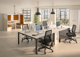 Cabine de travail Buronomic Calme pour deux personnes en wire oak, blanc et orange