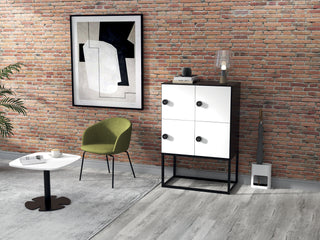 Lifestyle image of a Buronomic Locker Eko four-compartment code lock locker in black and white, brick wall