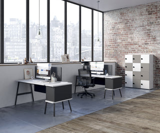 Lifestyle image of a Buronomic Locker Eko locker in white and Argile in a loft with large windows