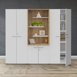 Tall white Buronomic Quietude cabinets with central open alcove in Nebraska