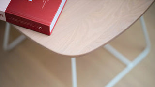 Detail of the wooden Mobitec Pamp seat shell with white frame
