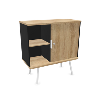 Buronomic Alto low cabinet with sliding door and open shelf in black and wire oak, front three-quarter view